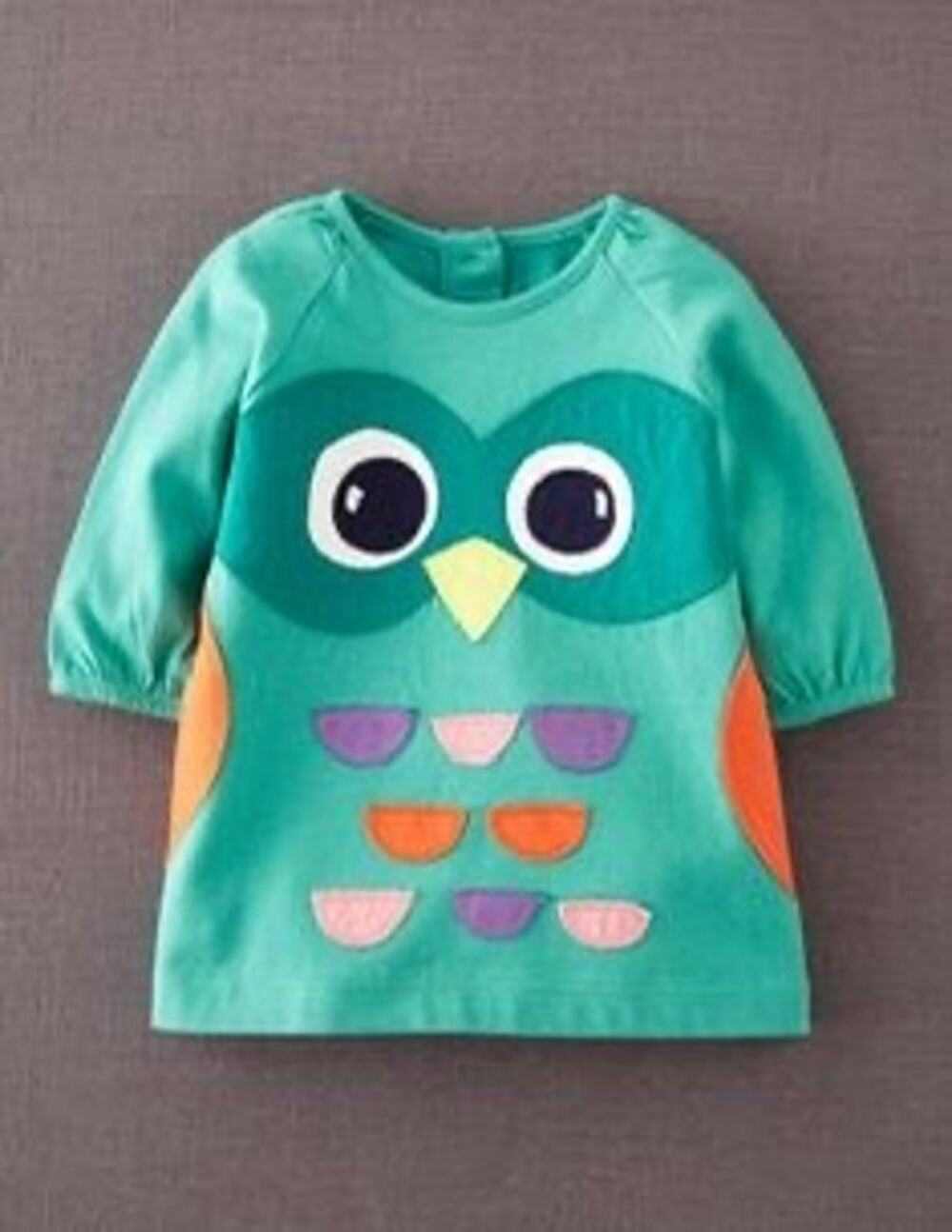 Baby Boden Teal Owl Appliqué Puff Sleeve Dress